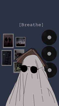 a cartoon character wearing sunglasses and a hat with the words breathe above it, in front of