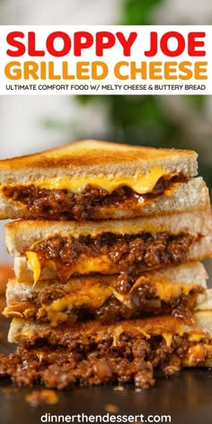 sloppy joe grilled cheese is stacked on top of each other with the title above it