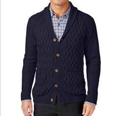 Tasso Elba Mens Sweater Blue Medium M Cardigan Button-Down $85 New Casual Brand New. Retails For $85. Cable Knit Shawl, Navy Shawl, Chunky Sweater Cardigan, Comfy Cardigan, Textured Cardigan, Mens Cardigan Sweater, Shawl Collar Cardigan, Knit Shawl, Shawl Cardigan