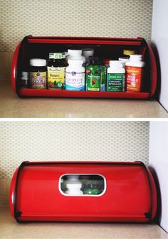 Bread box as pill bottle storage - keep kitchen looking nice. Pill Organizer Ideas, Storing Medicine, Medication Organization Storage, Diy Medicine, Medicine Cabinet Organization, Medication Organization, Medication Storage, Organisation Ideas, Pill Bottle