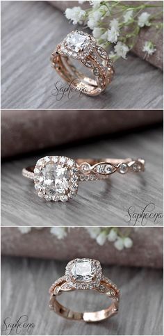 three different types of engagement rings with diamonds on them and the names of each ring