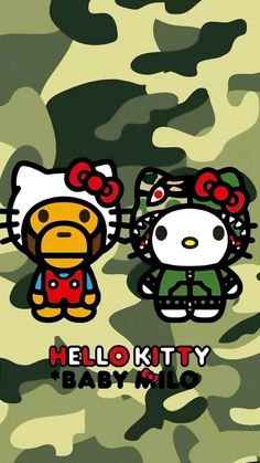 an image of hello kitty and baby mio on camouflage background with the caption hello kitty