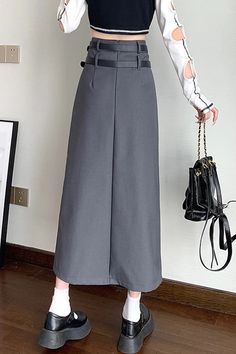 High Waist Double Belted Long Skirts – Tomscloth Casual Gray Long Skirt, Casual Long Gray Skirt, Gray Long Skirt For Workwear, Gray Long Skirt For Work, Office Long Skirt With Pockets, Long Skirts, Jean Skirt, Trending Now, Tank Dress