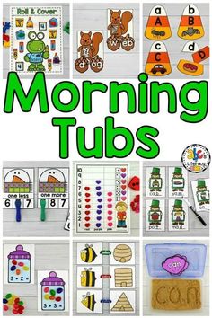 a collage of pictures with the words morning tubs written in green and white