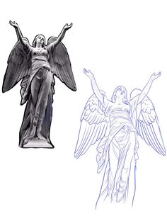 an angel statue next to a blue and white drawing