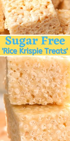 sugar free rice krispie treats stacked on top of each other with text overlay