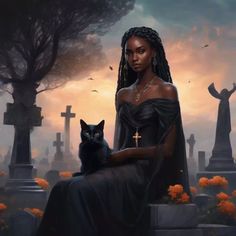 a painting of a woman sitting on a grave with a black cat in her lap