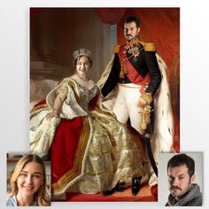 two pictures of people in historical dress and one is wearing a tiara, while the other has a man with a beard