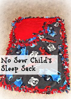 no sew child's sleep sack with red, white and blue cars on it