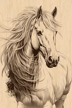 a black and white drawing of a horse with long hair on it's back