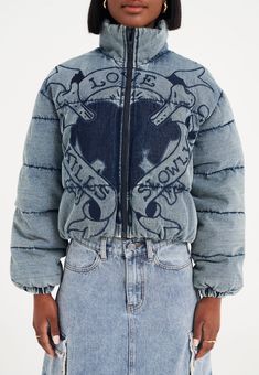 Womens Love Kills Quilted Puffer Jacket - Mid Blue Love Kills, Mid Top Sneakers, Denim Corset, Quilted Puffer Jacket, Women's Headwear, Denim Joggers, Bleach Wash, Ed Hardy, T Shirt Vest