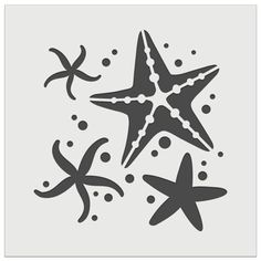 three starfishs and bubbles on a gray background with black dots in the middle