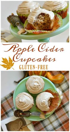 two plates with cupcakes on them and the words maple cider cupcakes gluten - free