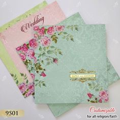 three wedding cards with floral designs on them