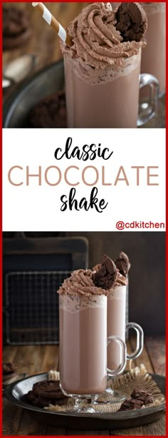 two glasses filled with chocolate shake and the words classic chocolate shake on top are shown