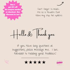 a pink and black thank card with stars on it