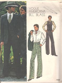 Vogue 1129 1970s Mens Designer 3 Piece Suit Lined Jacket Pants Vest Pattern Bill BLASS Adult  Vintage Sewing Pattern Chest 44 or 40 UNCUT 70s Vogue, Mens 3 Piece Suits, 1970s Men, Musica Disco, Tailored Fashion, Vintage Vogue Sewing Patterns, Vogue Sewing, Pose References, Vintage Mens Fashion