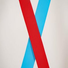 two red and blue ribbons are next to each other on a white surface, with one ribbon in the shape of an x