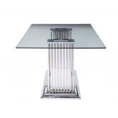 a glass table with metal legs and a square top on an isolated white background,