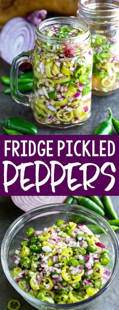 pickled peppers in mason jars with green beans, onions and red onion on the side