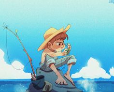 a cartoon character sitting on top of a rock with a fishing rod in his hand