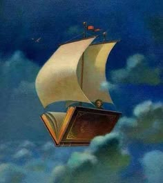 a painting of a sailboat floating in the air with clouds around it and an open book on its side