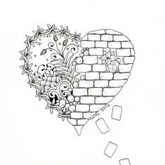 a drawing of a brick wall with flowers and leaves in the shape of a heart