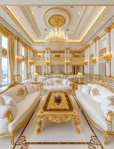 a large living room with white couches and gold trim around the tables, chandeliers and windows