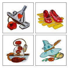 four cards with pictures of shoes and other things in them greeting card by julia radwell