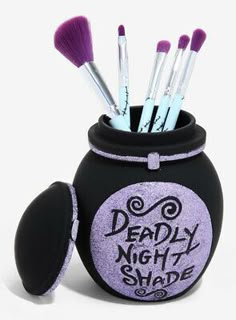 Disney Loungefly Nightmare Before Christmas Deadly Nightshade Brush Set & Holder | eBay Stitches Makeup, Goth Make Up, Demon Castle, Deadly Nightshade, Alat Makeup, Mini Fragrance, Cosmetic Bag Set, Cosmetic Sets, Fragrance Set