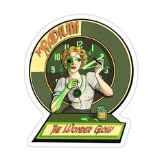 a clock with a woman holding a green liquid in front of her face and the words radjum on it