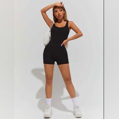 Black Solid Unitard Tank Romper - Too Short For Me; Unworn One Piece Body Suit Outfit, Unitard Outfit, Romper Outfit Black, Black Romper Outfit, Short Jumpsuit Outfit, Black Bodysuit Outfit, Body Suit Outfit, Shorts Romper Outfit, Black Short Jumpsuit