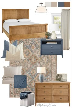 Blue and brown bedroom decor mood board featuring a tan cane bed and a blue nightstand Tan Bedroom, Beige Bedroom, Master Bed, Primary Bedroom, Master Bedrooms Decor, Blue Bedroom, Upholstered Bed, Master Bedrooms, Bedroom Set