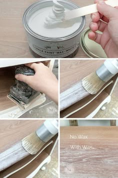 the steps to painting wood with annie sloan's white wax are shown in this collage