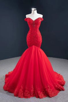 Ball Gowns Mermaid, Red Dresses Off The Shoulder, Mermaid Red Prom Dress, Red Wedding Gowns Brides, Mermaid Dresses Prom, Red Mermaid Wedding Dress, Prom Mermaid Dresses, Red Prom Dress Mermaid, Mermaid Style Dresses