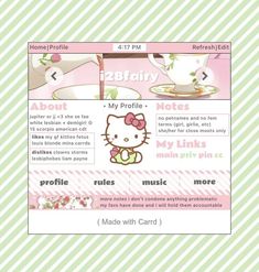 the hello kitty theme is shown in pink and green stripes, with an image of a tea