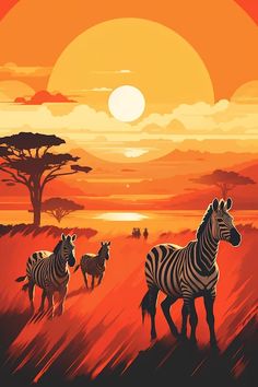 three zebras are walking in the grass near trees and an orange sky at sunset