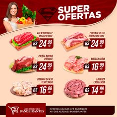 the menu for super offers is shown in red, white and pink colors with an image of