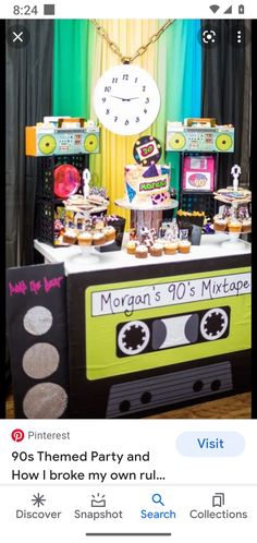 an old school party with cassettes, cake and cupcakes