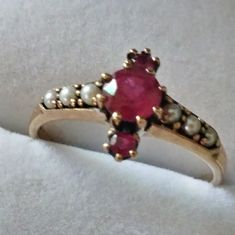 Beautiful Antique Ring Stamp 375 Or 9k With Ruby And Pearl. Very Old Ring. From Europe. Garnet And Pearl, Ruby And Pearl, Old Rings, Antique Ring, 6 Rings, Pearl Color, Antique Rings, Womens Jewelry Rings, Red Gold