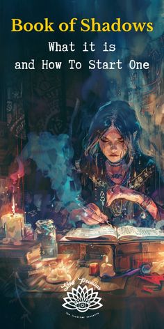 a woman sitting at a table with an open book in front of her and the words, book of shadows what it is and how to start one