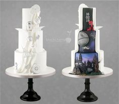 two tiered cakes are decorated with pictures and designs on them, one is white and the other is black