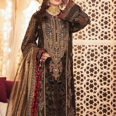 Beautiful, Formal Dress By Maria B. Pakistani Designer. Brand New Dress. Three Pieces, Shirt, Trousers, And Dupatta. Embroidery And Gutta Works. Very Elegant Classy And Beautiful Perfect For Formal Events. Pakistani Velvet Dresses, Pakistani Designer Suits, Eid Dresses, Embroidered Sleeves, Whatsapp Call, Maria B, Dress Chiffon, Eid Collection, Pakistani Suits