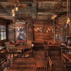 an old fashioned restaurant with wooden tables and chairs in the center, lights hanging from the ceiling