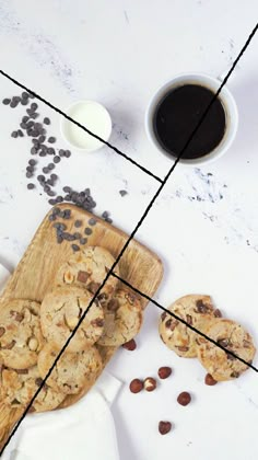 an overhead view of cookies and coffee on a white table with lines going across it