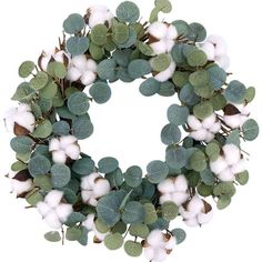 a wreath with cotton, eucalyptus leaves and cotton balls is shown on a white background