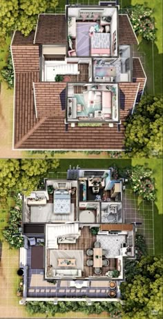 an aerial view of two houses in the woods