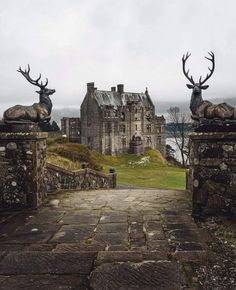 an old castle with two deer statues on the front gate and a stone walkway leading to it