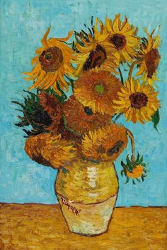 a painting of sunflowers in a vase on a table