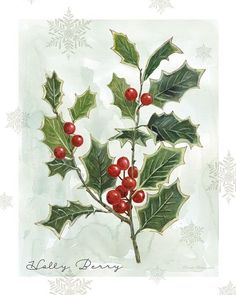 a watercolor painting of holly berry with green leaves and snowflakes on the background